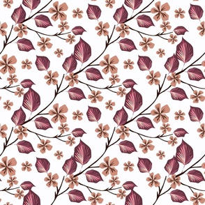 Retro floral pattern. Beige flowers with burgundy leaves on a white background.