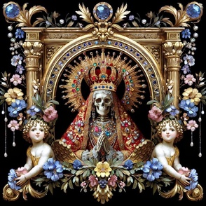 4 gothic praying skeleton virgin mary inspired Santa Muerte Mexican folk Catholicism Neopaganism death Day of the Dead Dia de Muertos lady of death Saint queen crown halo jewelry necklaces bracelets ornate ornate frame filigree swirls floral leaves angels