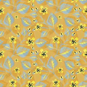 Floral pattern in retro style. Yellow flowers with gray leaves on a yellow-orange background.