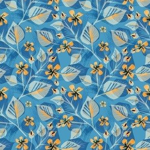 Floral pattern in retro style. Orange flowers with grey leaves on a blue background.