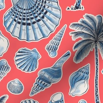 (L) Seashells and palmtrees coral red