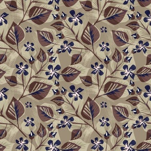 Floral pattern in retro style. Blue flowers on a gray, brown, brown background.