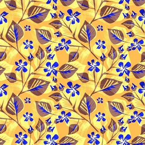 Floral pattern in retro style. Blue, brown flowers on an orange background.