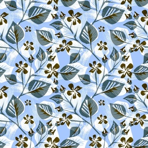 Floral pattern in retro style. Grey, brown flowers on a blue, white background.  