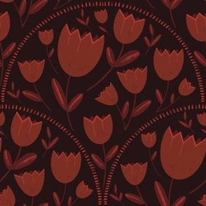 Burgundy tulips arched on a dark brown background