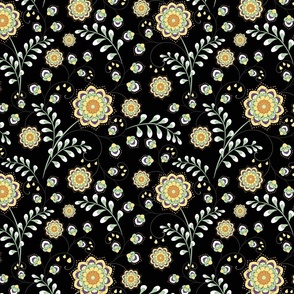 Retro floral pattern. Yellow flowers on a black background.