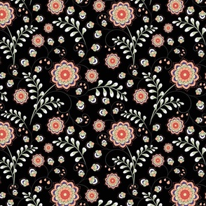 Retro floral pattern. Pink flowers on a black background.