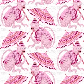 monkeys with parasols/pink on white background textured/large