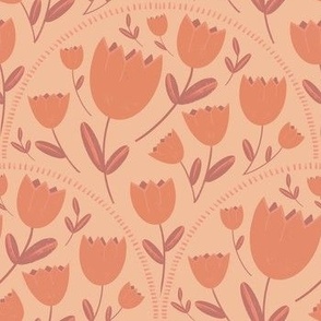 Peachy tulips arched on a beige background