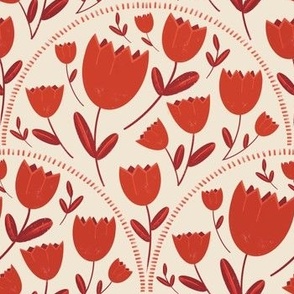 Red tulips arched on a beige background