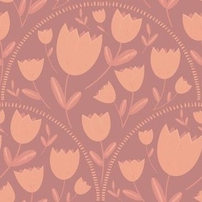 Peach tulips arched on a rose pink background