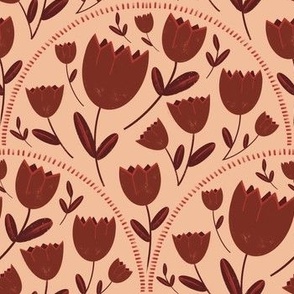 Burgundy tulips arched on a beige background