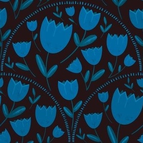 Blue tulips arched on a dark brown background