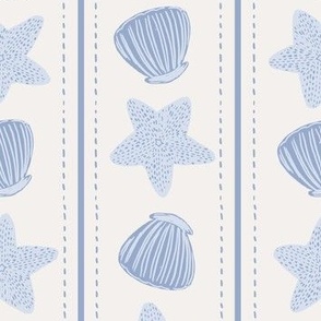 Coastal Chic Sea Shell Starfish Stripes Blue on Cream - Beach Wallpaper & Home Decor Fabric
