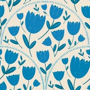 Blue tulips arched on a beige background