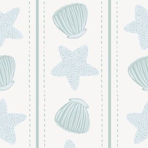 Coastal Chic Sea Shell Starfish Stripes Sea Green on Cream - Beach Wallpaper & Home Decor Fabric