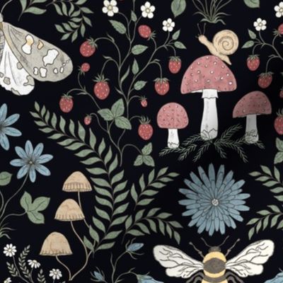 (M) Life under the tree: mushroom, bee, moth, strawberry, fern, flowers- dark background-medium scale