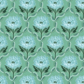 Graphical peony flowers with elaborated trellis - mint , blue and green - small.