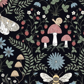 (L) Life under the tree: mushroom, bee, moth, strawberry, fern, flowers- dark background-large scale