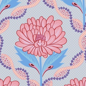 Pink graphical peony flowers on soft blue decorative trellis backdrop  - large print.