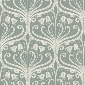 White and sage green  art nouveau style floral ogee pattern