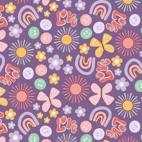 Retro 70s Icons Lilac, Pink, Yellow and White Butterflies, Sunshine, Smiley Faces, Flowers on Purple Background