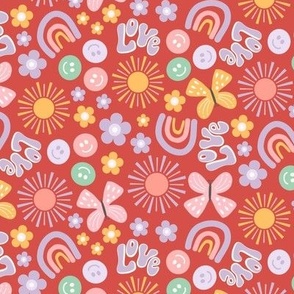 Retro 70s Icons Lilac, Pink, Yellow and White Butterflies, Sunshine, Smiley Faces, Flowers on Orange Red Background