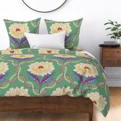 Contrasting decorative trellis pattern with Pink peony flowers on dark green - large print