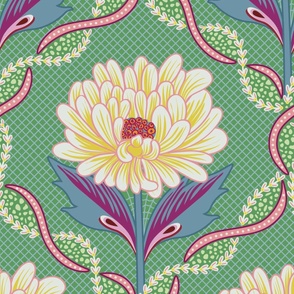 Contrasting decorative trellis pattern with Pink peony flowers on dark green - large print