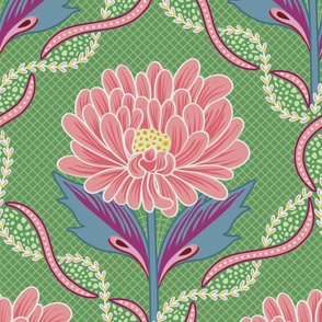 Pink color pops of peony flowers on green with elaborated lattice  - large print.