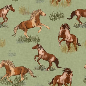 Prairie Dream: Hand-Painted Galloping Horses - Green Background