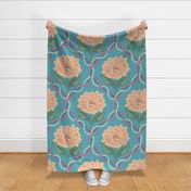 Decorative trellis on textural background with graphical peony flowers - large print.