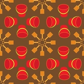 (L) Red Buckets and Golden Shovels Create Geometric Floral On Brown