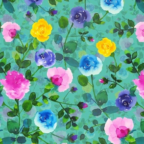 Hand-Painted Watercolor Colorful Vivid Rose Garden green background medium