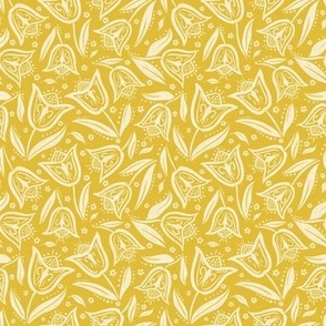 Botanical hand drawn texture block print style tulip flowers dots leaves ivory white on goldenrod yellow linen Medium