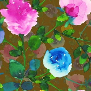 Hand-Painted Watercolor Colorful Vivid Rose Garden brown background jumbo large