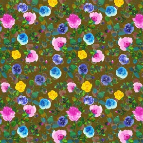 Hand-Painted Watercolor Colorful Vivid Rose Garden brown background small
