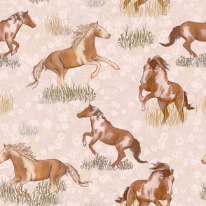 Prairie Dream: Hand-Painted Galloping Horses - Oat with daisy flowers
