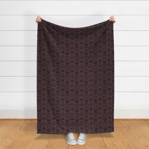 6” repeat heritage small handdrawn sunflowers, tulips, grapes  in damask style earthy orange golden and white on faux woven texture in dusky deep pink violet