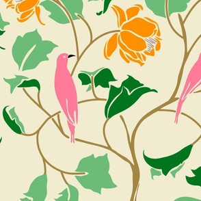 Vintage British Voysey Pink Birds in Tulip Bush on Cream Large Scale