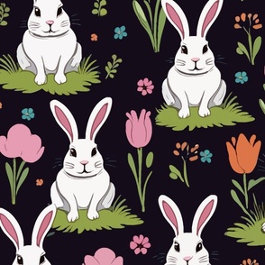 Easter Bunny Meadow  - Blue + Green + Orange +Pink + White ( Large )