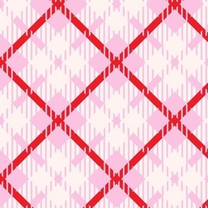 Pink red and cream diagonal lovecore cross check with weave texture Small scale