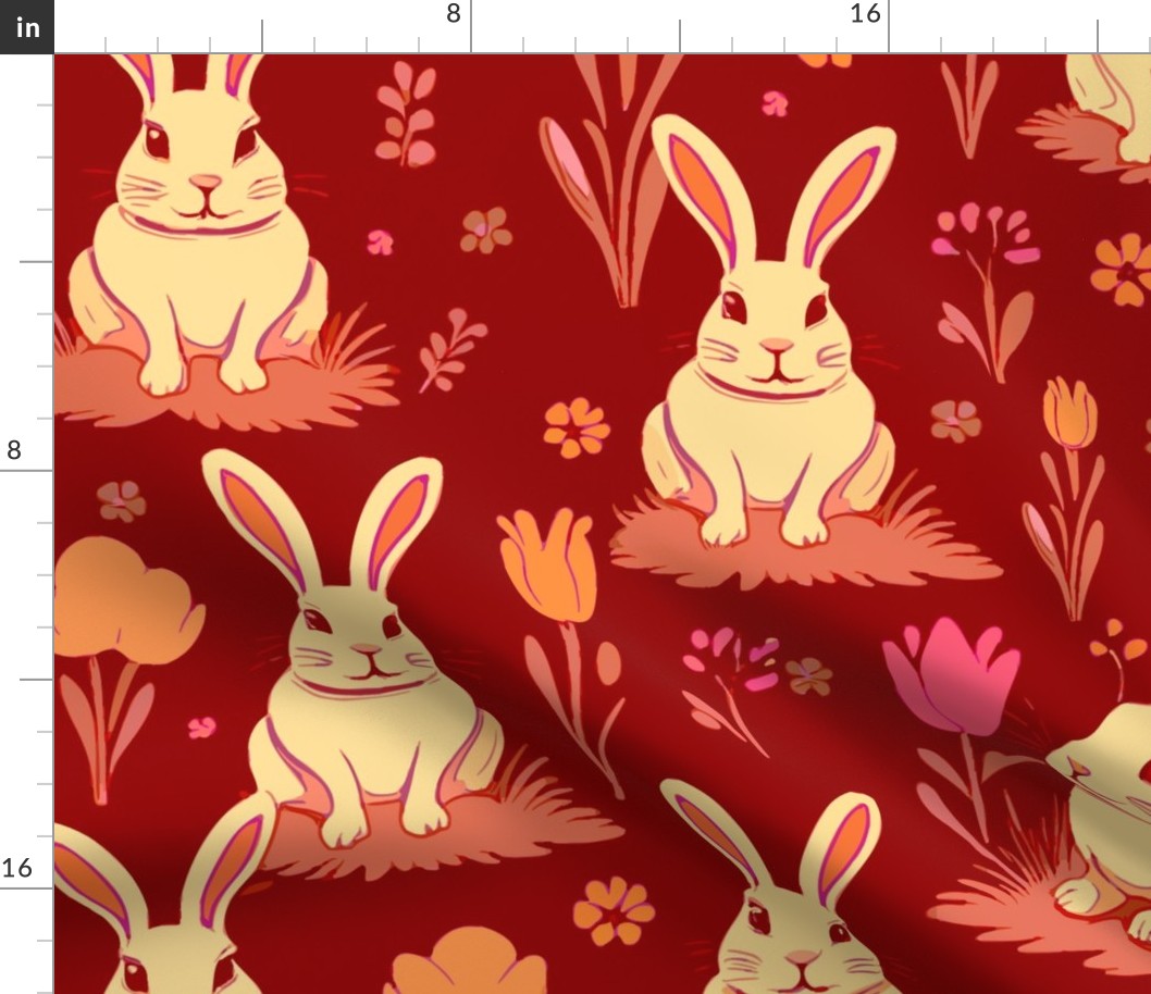 Easter Bunny Meadow  - Cream + Orange +Pink + Red  ( Large )