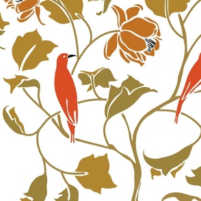 British Arts and Crafts Voysey Birds Tulip Bush Large Scale on White