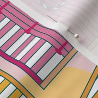 Sunny beach hut wallpaper (large scale) - a bright and colourful beachy wallpaper in pink, orange and yellow
