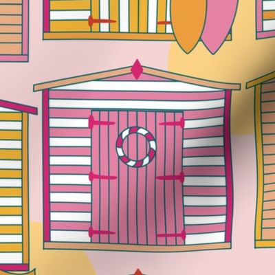Sunny beach hut wallpaper (large scale) - a bright and colourful beachy wallpaper in pink, orange and yellow