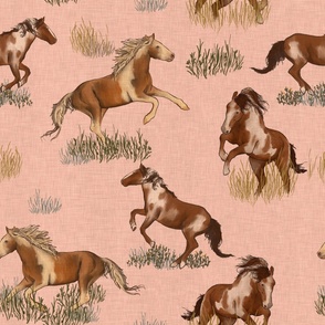 Prairie Dream: Hand-Painted Galloping Horses - Pink Background