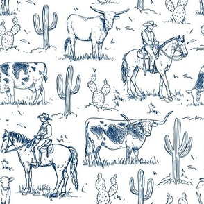 Cowboy Toile, Western Toile, Vintage Toile, Cowboy Fabric WB24 large scale navy