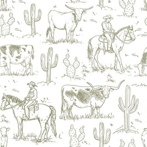 Cowboy Toile, Western Toile, Vintage Toile, Cowboy Fabric WB24 large scale olive