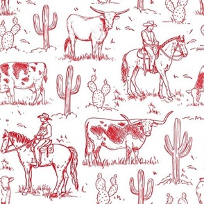 Cowboy Toile, Western Toile, Vintage Toile, Cowboy Fabric WB24 large scale red on white